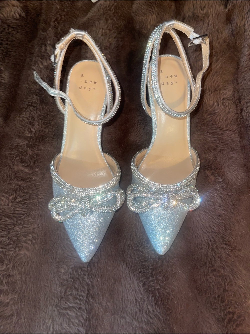 a new day Silver Glitter Pointed Toe Bow Ankle-Strap Heels